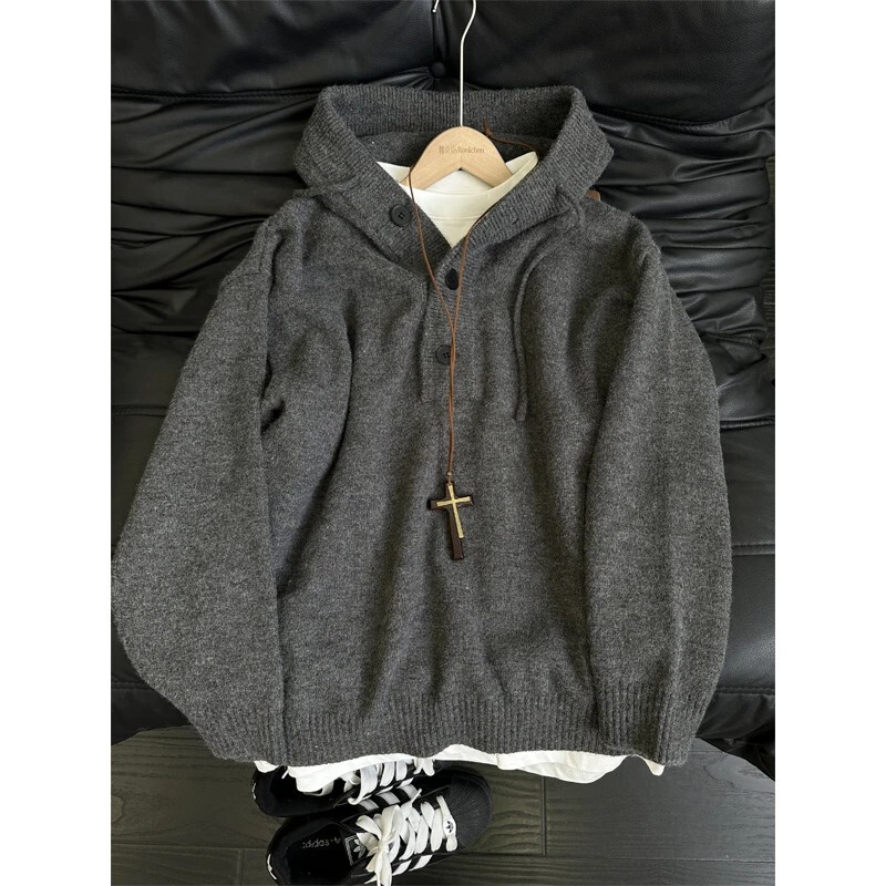 Dark Gray Hooded Knit Sweater for Men, New Autumn and Winter Style, Lazy Style, American Retro High Street Cleanfit Sweater