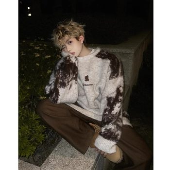 American retro round neck contrast sweater for men and women in autumn and winter lazy style teenager high street loose sweater jacket American retro round neck contrast sweater for men and women in autumn and winter lazy style teenager high street loose sweater jacket