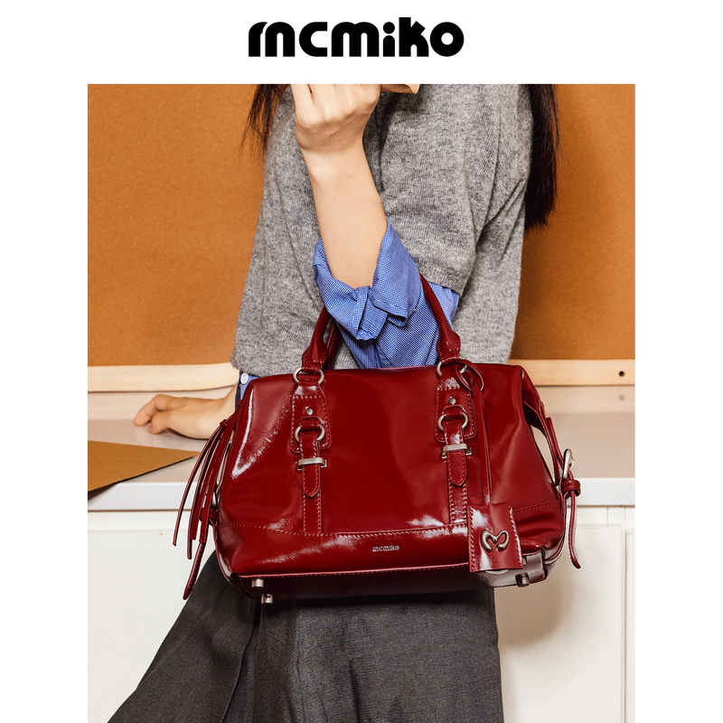 Mcmiko【Mousse Bag】Retro Original Design Red Boston Bag Handbag Crossbody Bag Genuine Leather Commuter Bag