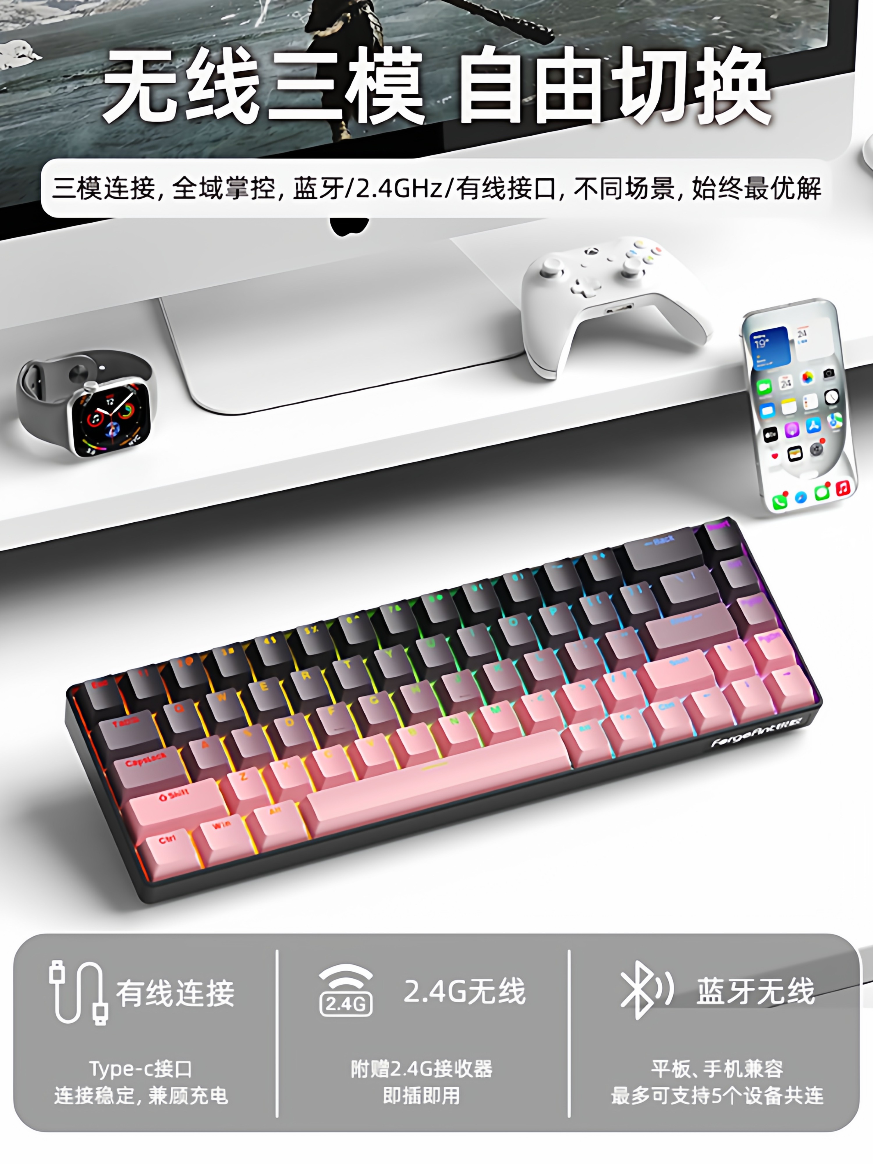 Ruiyi F68 Wireless Mechanical Keyboard 68-Key Three-Mode Bluetooth Office E-Sports Rgb Small Portable Gaming Keyboard