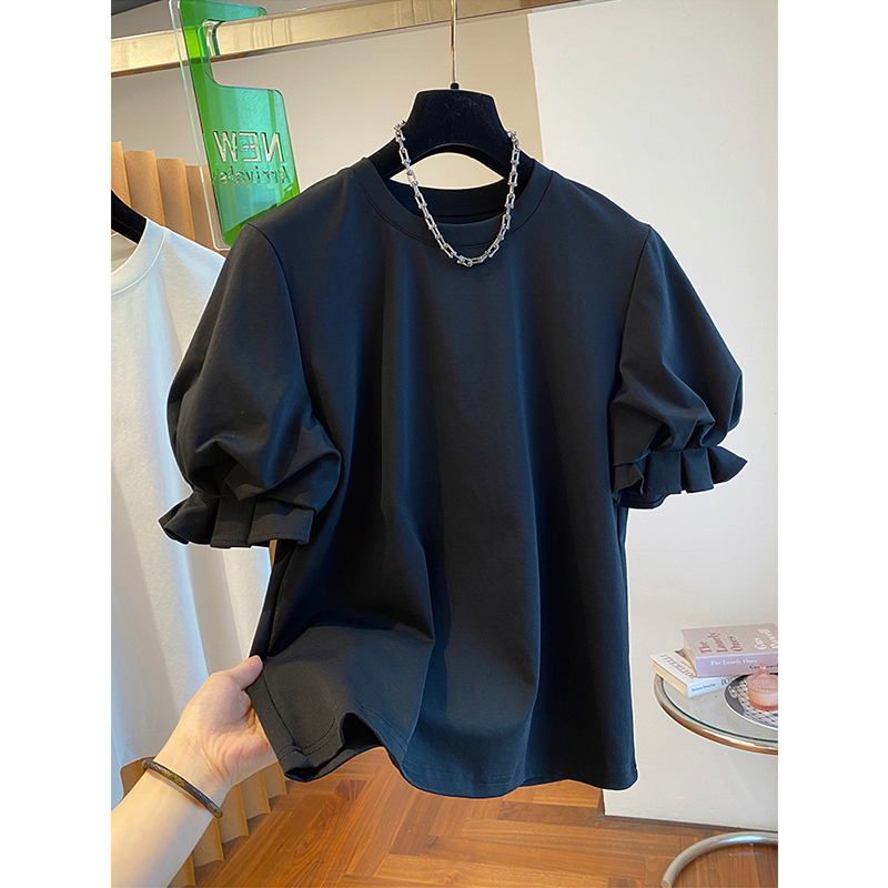 High-End Design Puff Sleeve Black T-Shirt for Women, Short-Sleeved 2026 New Loose-Fitting Base Shirt Top, Korean Style High-End Design Puff Sleeve Black T-Shirt for Women, Short-Sleeved 2026 New Loose-Fitting Base Shirt Top, Korean Style