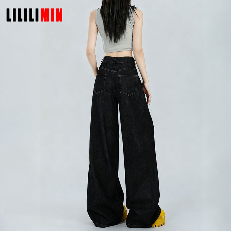 Black and Gold American-Style Straight-Leg Jeans for Women, 2026 Spring and Autumn New Style, Pear-Shaped Body, Drapey, Loose, Floor-Length Wide-Leg Pants