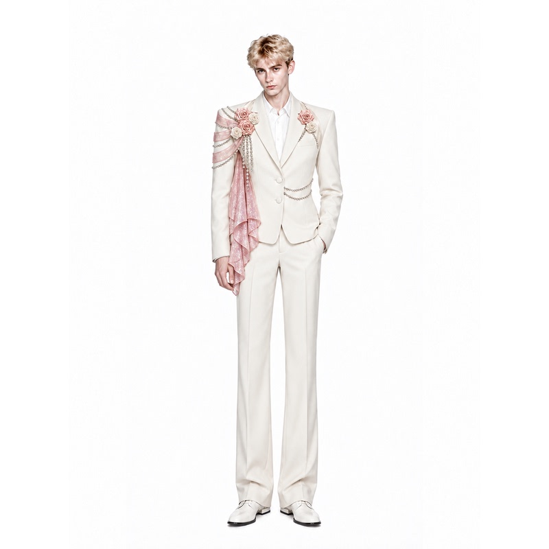 Yicai【Rose Bone】Wide-Shoulder, Narrow-Waist Suit Jacket with a Stylish Design and Fitted Waist, Men's Suit for Live Streaming