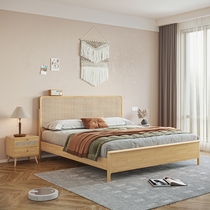 Rattan all solid wood bed 1 8m double bed Nordic log simple Japanese style bed and breakfast furniture wabi-sabi style retro bed