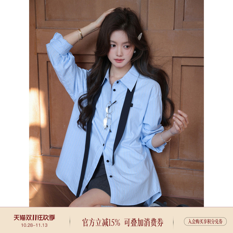 Plums Are Ripe, "Notebook Style Pure Cotton Classic Blue and White Striped College Style Shirt for Women + Color-Block British Tie