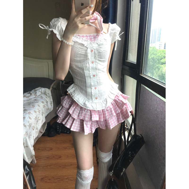 Sweet College-Style Girl Outfit, a Complete Set of Niche Design Shirts and Tops, Pink Cake Skirt Two-Piece Set for Summer Sweet College-Style Girl Outfit, a Complete Set of Niche Design Shirts and Tops, Pink Cake Skirt Two-Piece Set for Summer