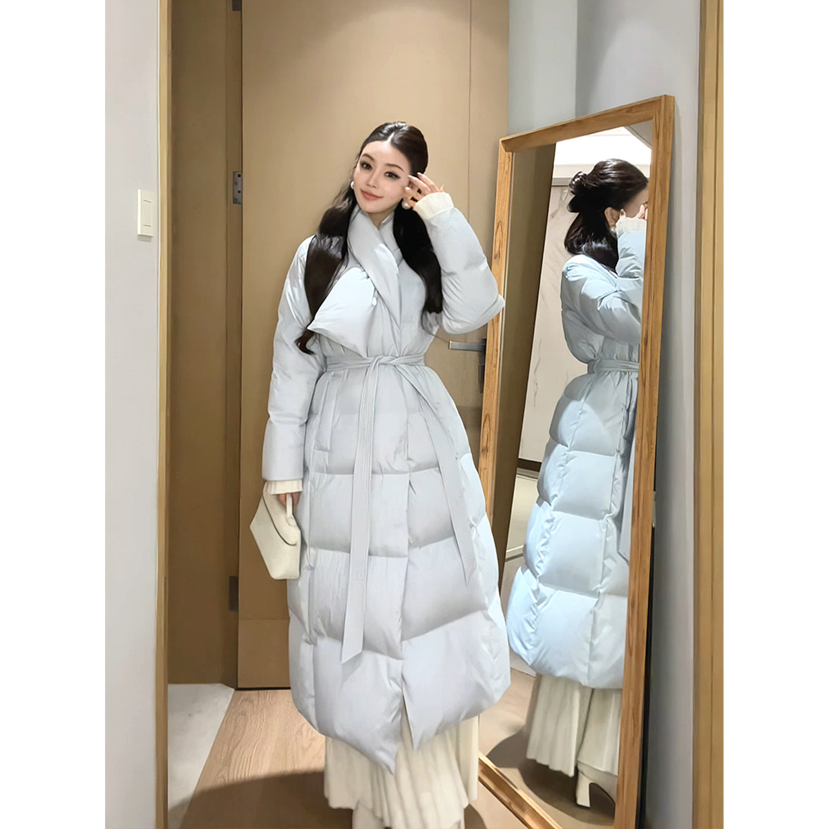 山野颂 小众设计感长款过膝羽绒服女韩版宽松加厚保暖白鸭绒外套