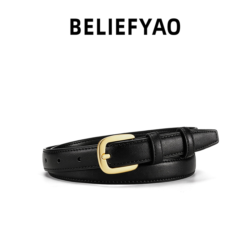 Beliefyao Original Gold Buckle Slim Belt, Simple and Versatile, High-End Accessory, Genuine Leather Belt for Women Beliefyao Original Gold Buckle Slim Belt, Simple and Versatile, High-End Accessory, Genuine Leather Belt for Women