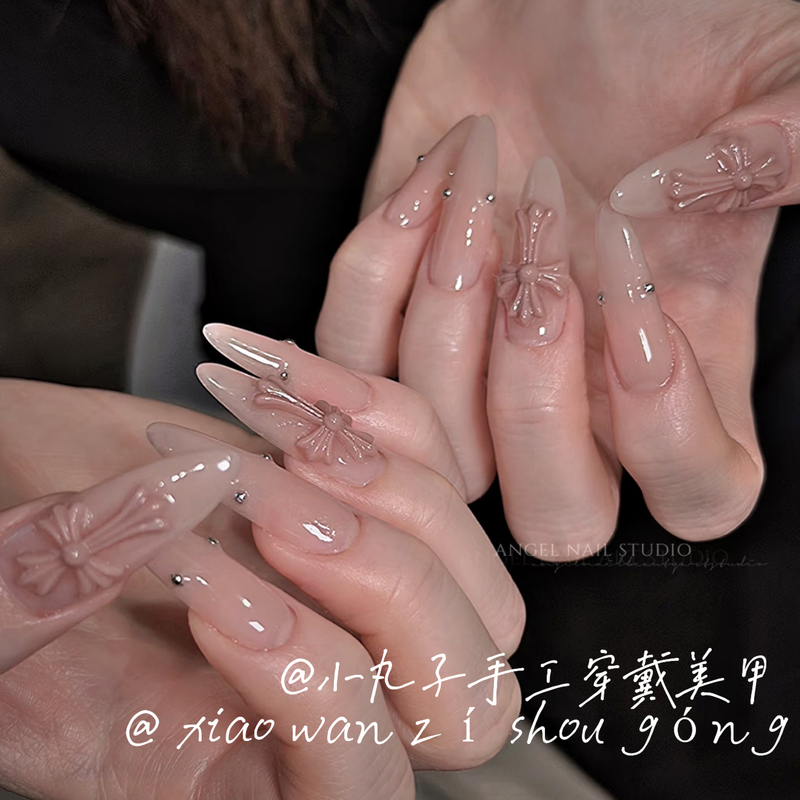 Purely Handmade Long Nude Pink Nails with Cross and Steel Bead Design, European and American Style, High-End and Complexion-Enhancing