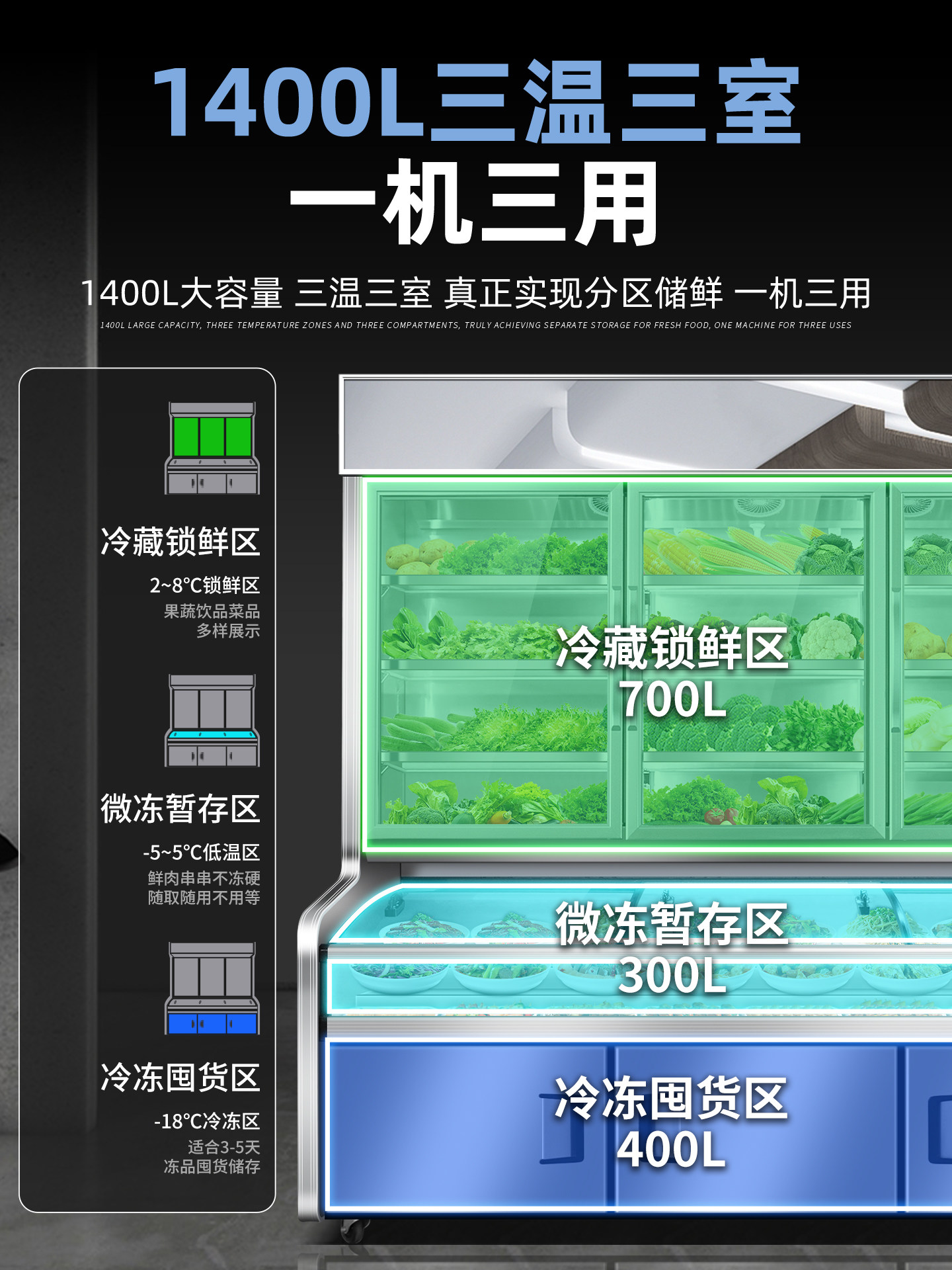 Haopu Lijia Ordering Cabinet Commercial Wind-Cooled Refrigeration Three-Temperature Fresh-Keeping Stepped Spicy Hot Pot Display Cabinet