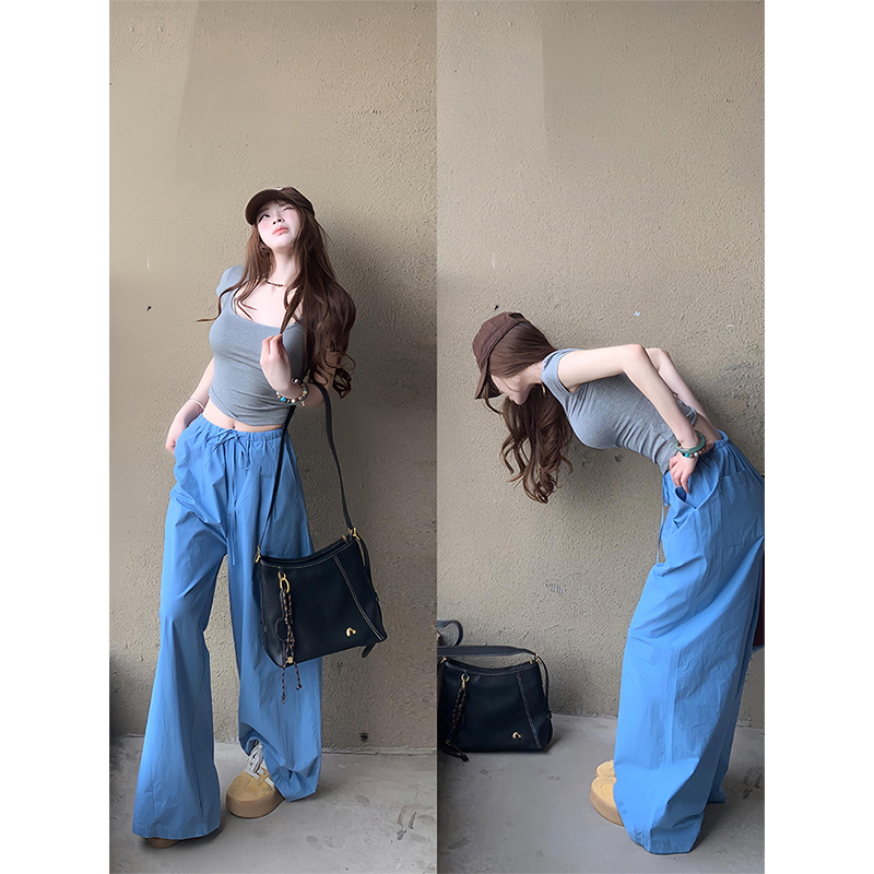Korean-Style Super Stylish Casual Sports Suit for Women, Summer Square-Neck Slim-Fit Short-Sleeve Top and Wide-Leg Long Pants Two-Piece Set
