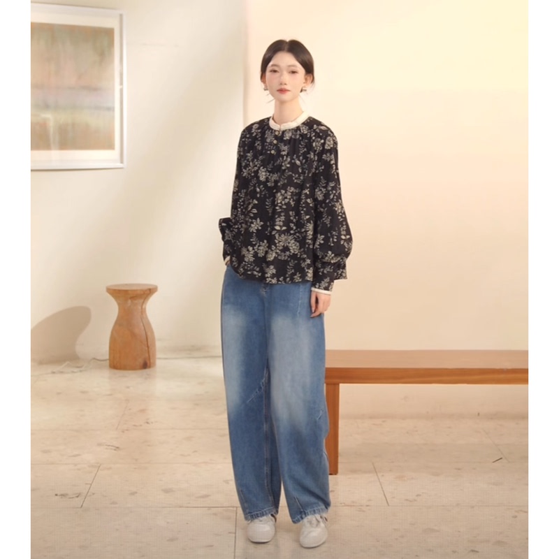 Retro Chinese-Style Stitching Small Stand-Up Collar Rose Print Lantern Sleeve Shirt Top, New Autumn Collection