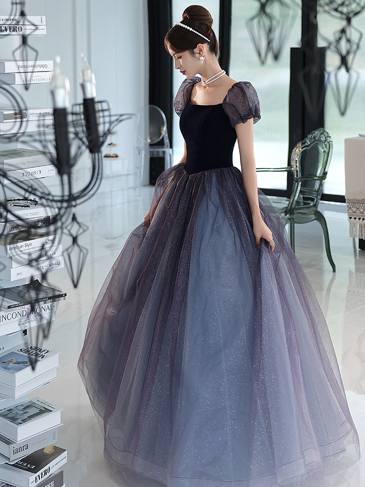Elite evening dress, elegant long skirt, french style, puff sleeves