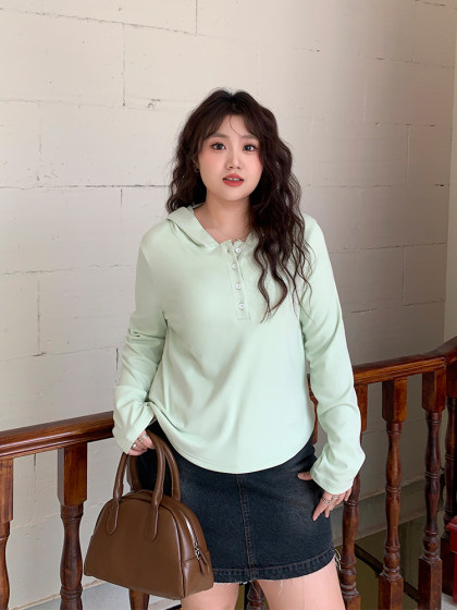 YUZI鱼子露思2.0内搭T恤正肩大码女装微胖mm显瘦遮肉连帽打底衫