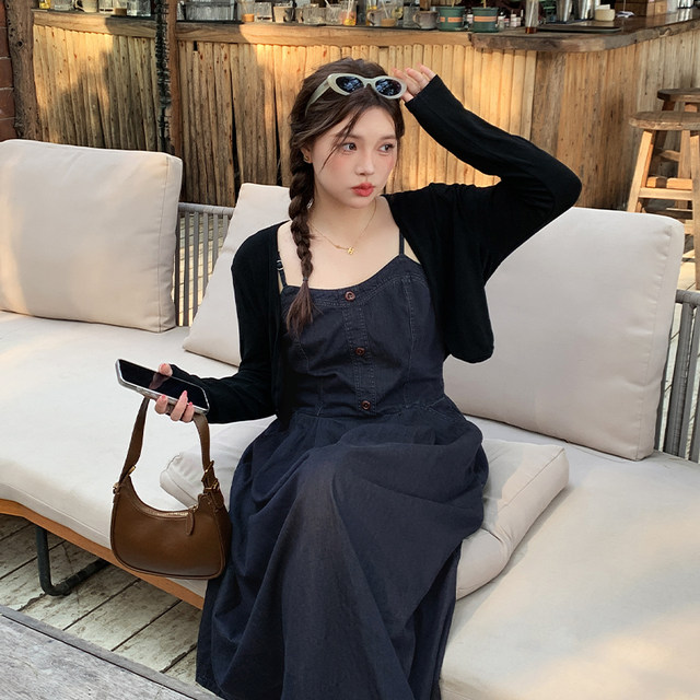 YUZI fish roe retro suit denim suspender dress plus size women's clothes mint fat slimming cover 200 pounds of flesh