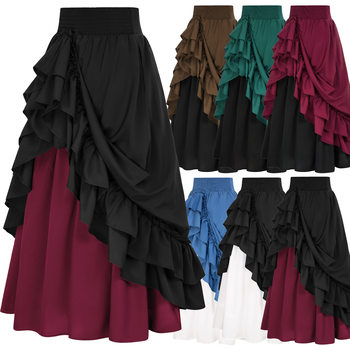Halloween Costume European and American Court Style Retro Ruffled Edge Drawstring Color-Blocked Large Hem Skirt