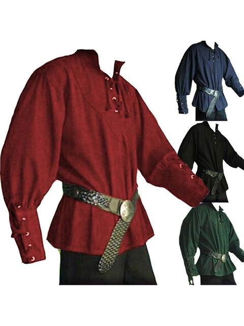 European and American Style Wish Amazon Drawstring Men's Vintage Medieval Lace-Up Long-Sleeve Shirt Solid Color Loose Top