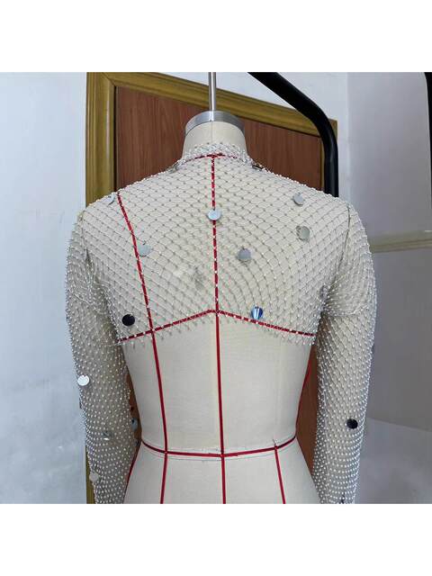 F4911Y2025 Fishnet Sequin Cardigan Top with Rhinestones Blingbling European and American Style Coverups Top