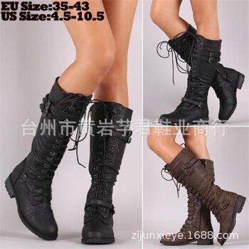 Wish's Popular Export European and American Style Round-Toe Mid-Heel Lace-Up Over-The-Knee Boots with Side Zipper, Large Size Women's Boots