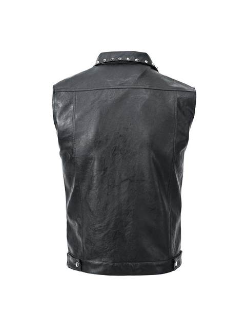 Men's Solid Color Lapel Punk Vest with Rivets, Biker Style Pu Faux Leather Vest