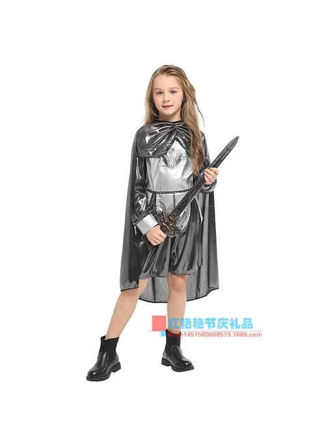 Halloween Cosplay Children's Armor Warrior Princess Dress Performance Costume G-0334 Pretty Silver Gauze Female Knight