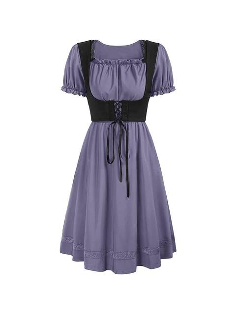 Amazon Retro Renaissance Square-Neck Short-Sleeved Dress Victorian Pastoral Cosplay Dress