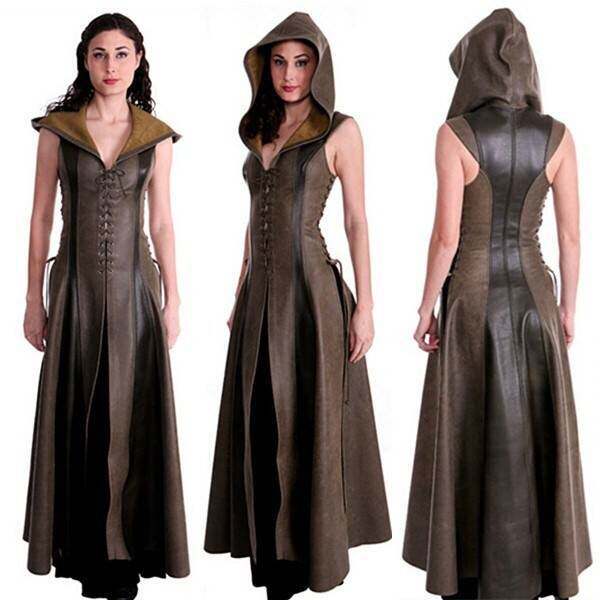 Medieval Ebay Front-Tie Five-Yard Sleeveless Hooded Long Leather Skirt Cosplay Hooded Leather Long Dress