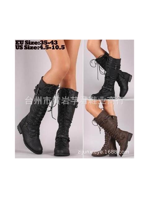 Wish's Popular Export European and American Style Round-Toe Mid-Heel Lace-Up Over-The-Knee Boots with Side Zipper, Large Size Women's Boots