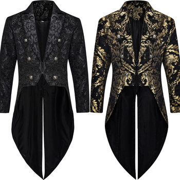 Halloween European and American Fashion Men's Gothic Steampunk Tailcoat Jacket Black Brocade Satin Wedding Coat