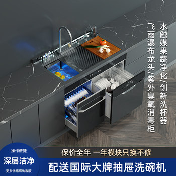 Jingtian Q10 Integrated Sink and Dishwasher with Raindance Basin, Ultrasonic Water Catalyst Disinfection Cabinet for Kitchen Use