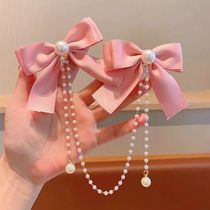 Pink bow tassel hairpin with forehead chain ~ pink girly heart bow tassel hairpin at the back of head