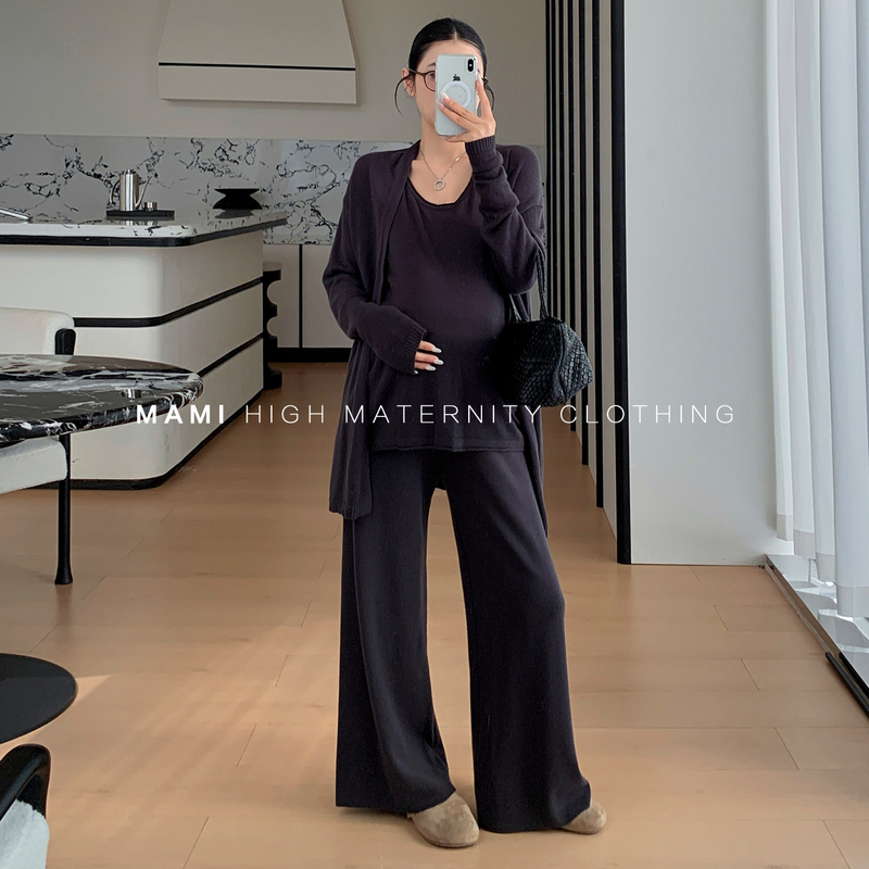 Mami High-End Maternity Wear Autumn Loose Breathable Maternity Cardigan Vest Belly Support Wide-Leg Pants Knitted Three-Piece Set for Women
