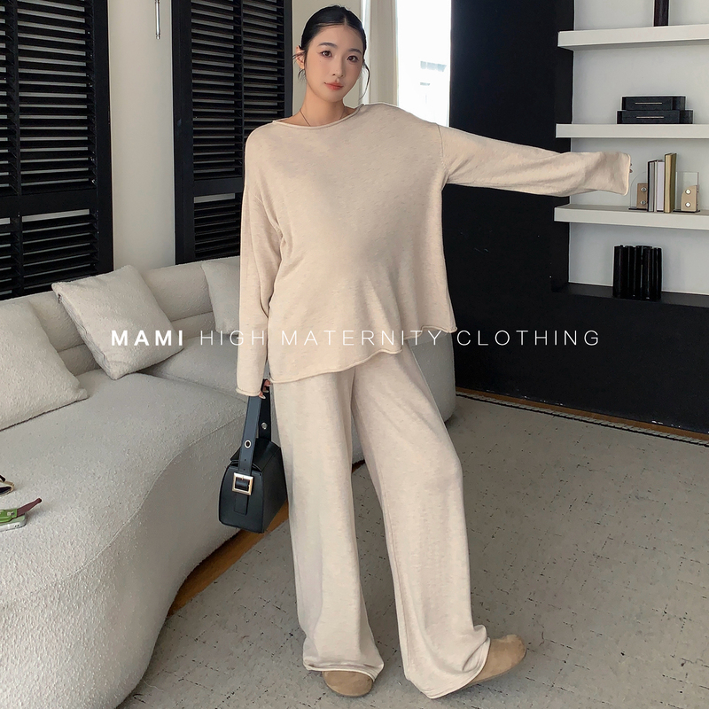 Mam High-End Maternity Wear 2026 Model Simple Knit Top Loose Fit Wide-Leg Pants Casual Set for Pregnant Women Autumn