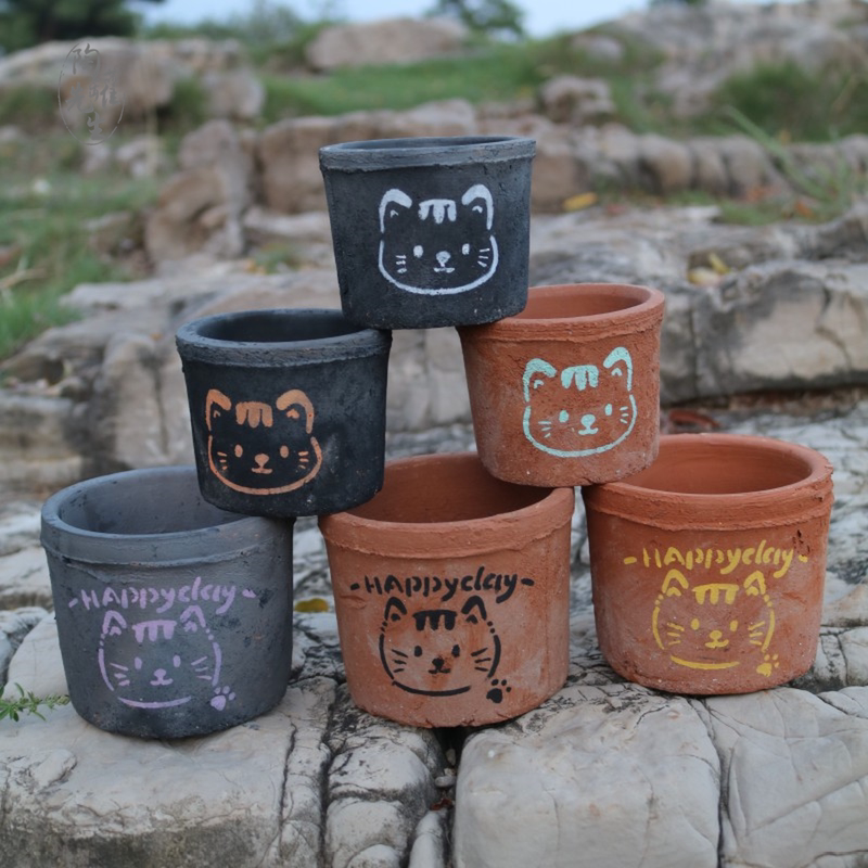 Cute Cat Hand-Painted Flower Pot Plant Small Flower Pot Breathable Cement-Absorbing Clay Pot Soil Pot Retro Primitive Succulent Pot