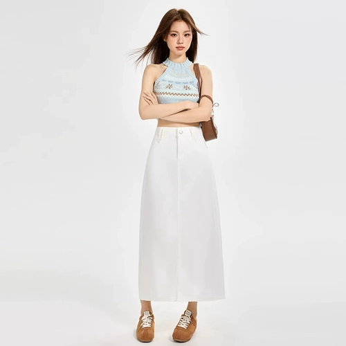 几何心选 Белая тонкая джинсовая юбка, длинная юбка, А-силуэт, с акцентом на бедрах, средней длины