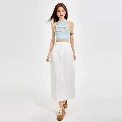 几何心选 Белая тонкая джинсовая юбка, длинная юбка, А-силуэт, с акцентом на бедрах, средней длины