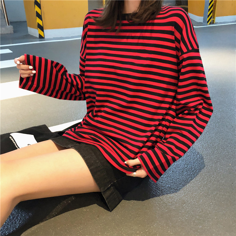 Casual Loose-Fitting Red and Black Striped Long-Sleeved T-Shirt Top for Women