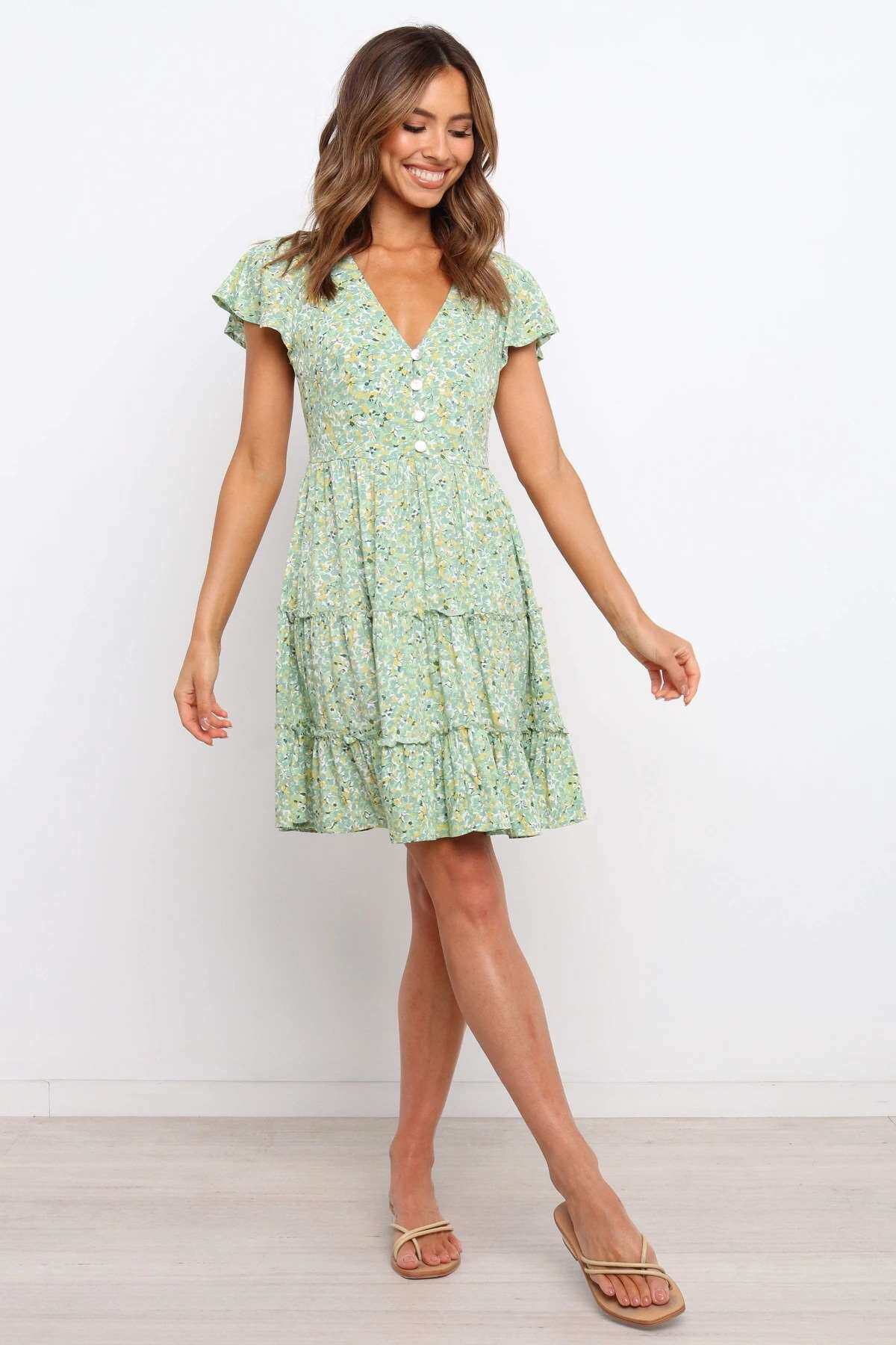 товар из китая women's summer new v-neck flying sleeve pleated dress OTHER