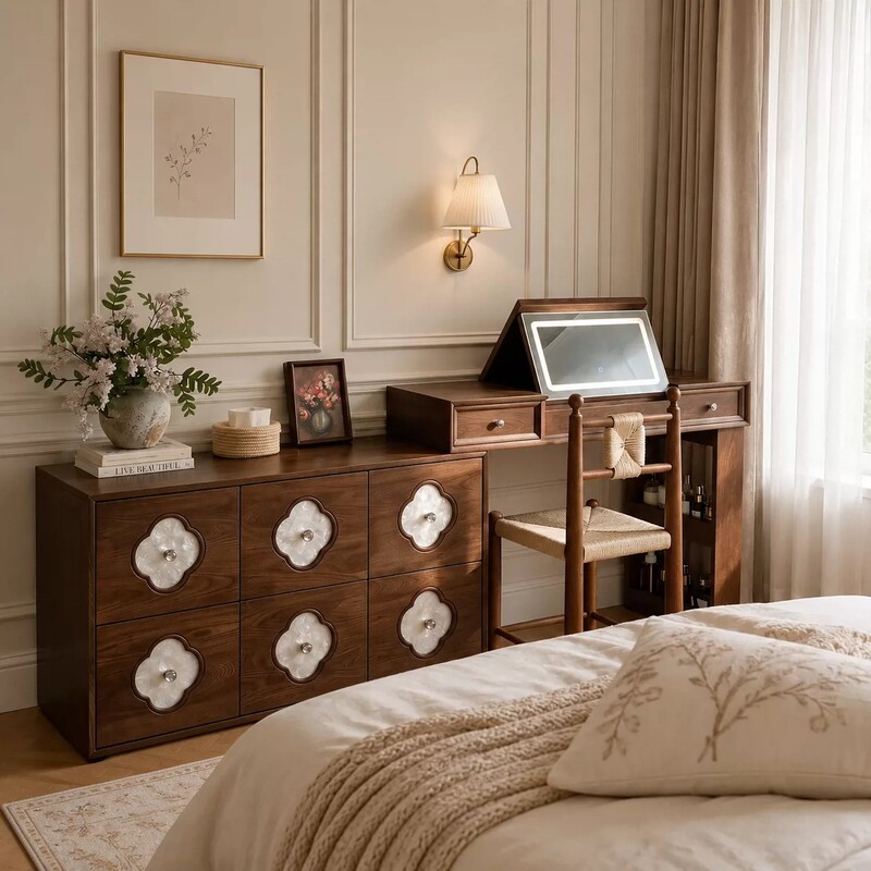 Yunyu Solid Wood Dressing Table with Integrated French-Style Chest of Drawers, Master Bedroom End-Of-Bed Flip-Top Mirror Vanity Table, Foldable Storage Cabinet