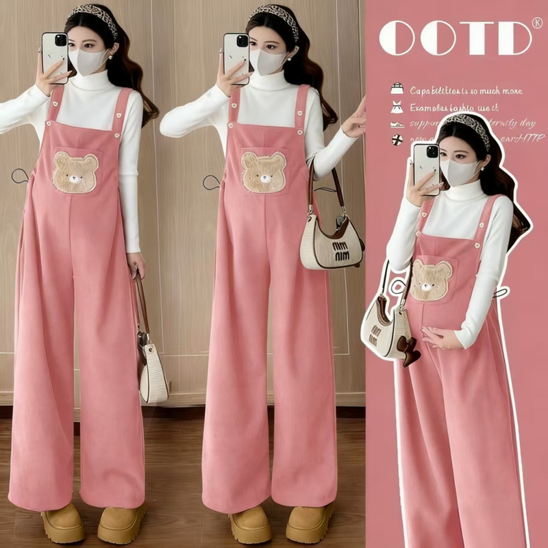 Maternity Suit Autumn and Winter New Style Overalls with Fleece Lining, Thickened, Cute Bear Design, Tummy-Covering, Slimming Wide-Leg Pants Two-Piece Set
