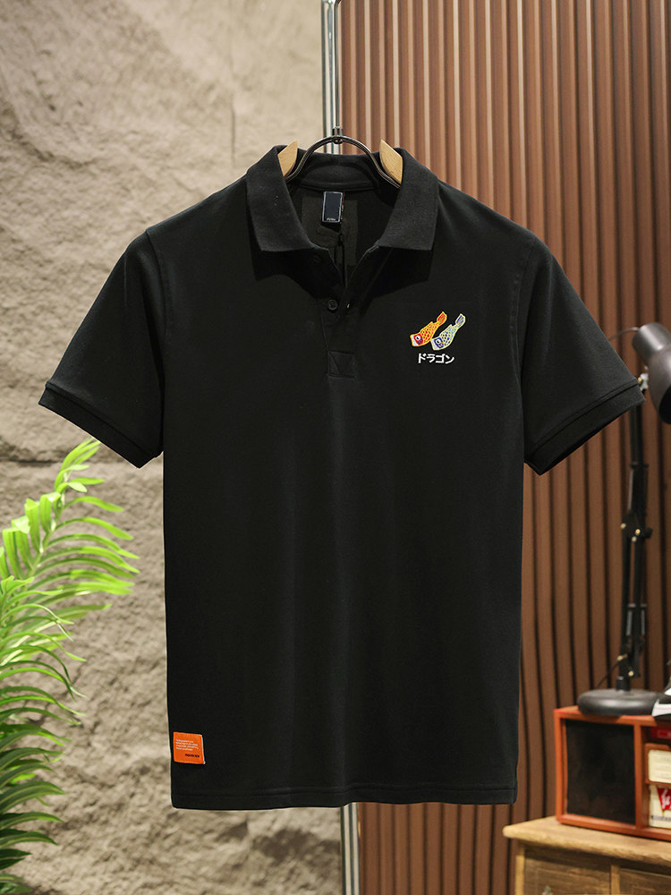2024 SUMMER JAPANESE KOI EMBROIDERY SHORT SLEEVE POLO SHIRT T-SHIRT MENS COTTON LOOSE PIQUE COTTON TREND TOP