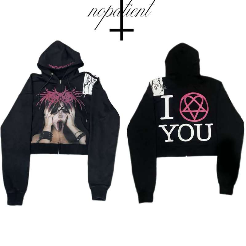 No Patient 26Ss “I Love You” Subculture Dark Patch Portrait Hoodie