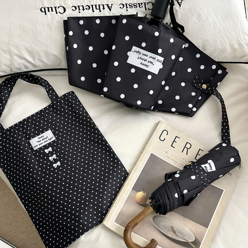 Korean-Style Black Polka Dot Sun Umbrella with Hook, Dual-Use for Rain and Sun, Black Coating for Sun Protection and Uv Protection, ins Sunshade Umbrella for Women Korean-Style Black Polka Dot Sun Umbrella with Hook, Dual-Use for Rain and Sun, Black Coating for Sun Protection and Uv Protection, ins Sunshade Umbrella for Women