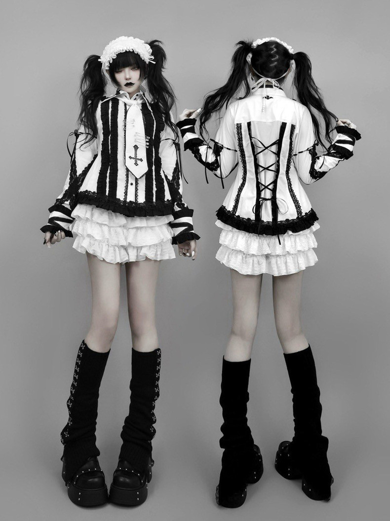 Japanese single popular dark gothic lolita style mass-produced cross embroidered bow tie shirt