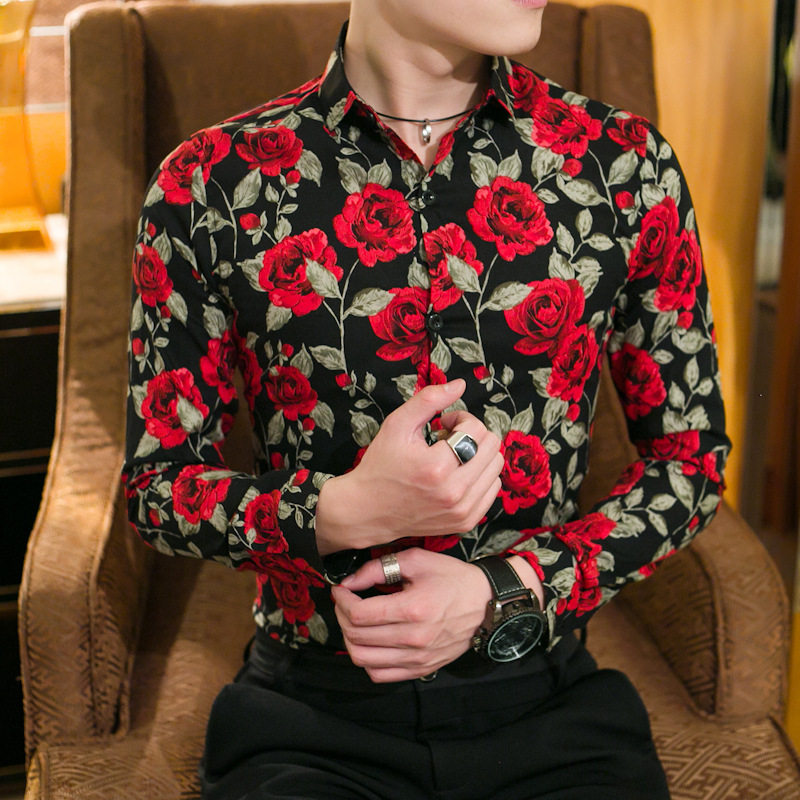 Men's Korean Fit Fashion Flower Shirt Men's Korean version slim fit fashion flower shirt