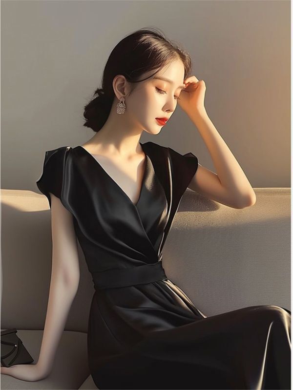 Formal Occasion High-End Long Dress Hepburn Style Socialite Elegant Slimming Black Short-Sleeved Dress for Women Summer Formal Occasion High-End Long Dress Hepburn Style Socialite Elegant Slimming Black Short-Sleeved Dress for Women Summer