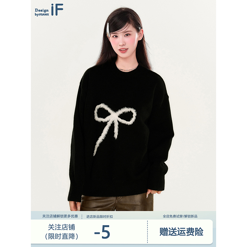 Black Bow Pullover Sweater for Women, Autumn and Winter, Thickened, Inner Layer, Lazy Style, High-End Feel, Knitted Long-Sleeve Top