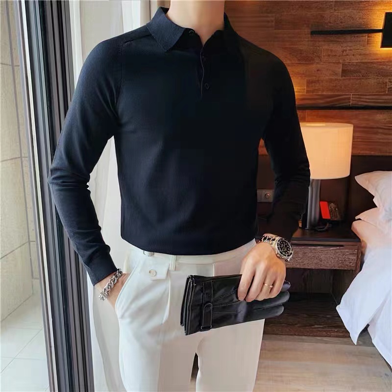 Spring Autumn New American Casual Polo Shirts Men's Pure Color Business Knit Thin style Loose Flap Long Sleeve T-shirt Tide-Taobao