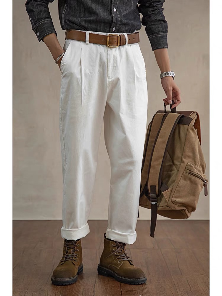 スリムフィット アメリカンレトロクラシック チノパンツ ホワイト オーバーオール ルーズテーパードパンツ カジュアルパンツ 伸縮性ウエスト メンズ 秋冬