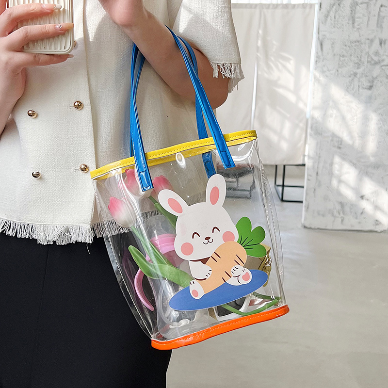 2025 New Trendy Pvc Cartoon Print Small Bag Transparent Jelly Bag Travel Beach Bag Hand-Held Bucket Bag Women's Bag